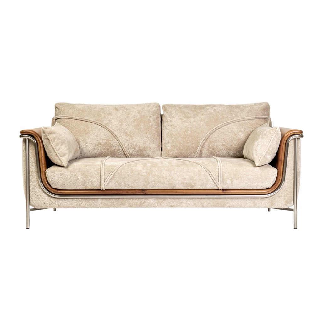 "Stijlvolle Beige Bank met Houten Accent en Confortabele Kussens"