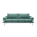 Modern teal bank met gestoffeerde kussens en metalen basis