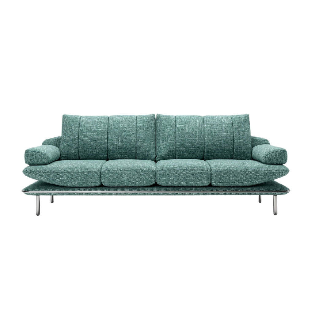 Modern teal bank met gestoffeerde kussens en metalen basis