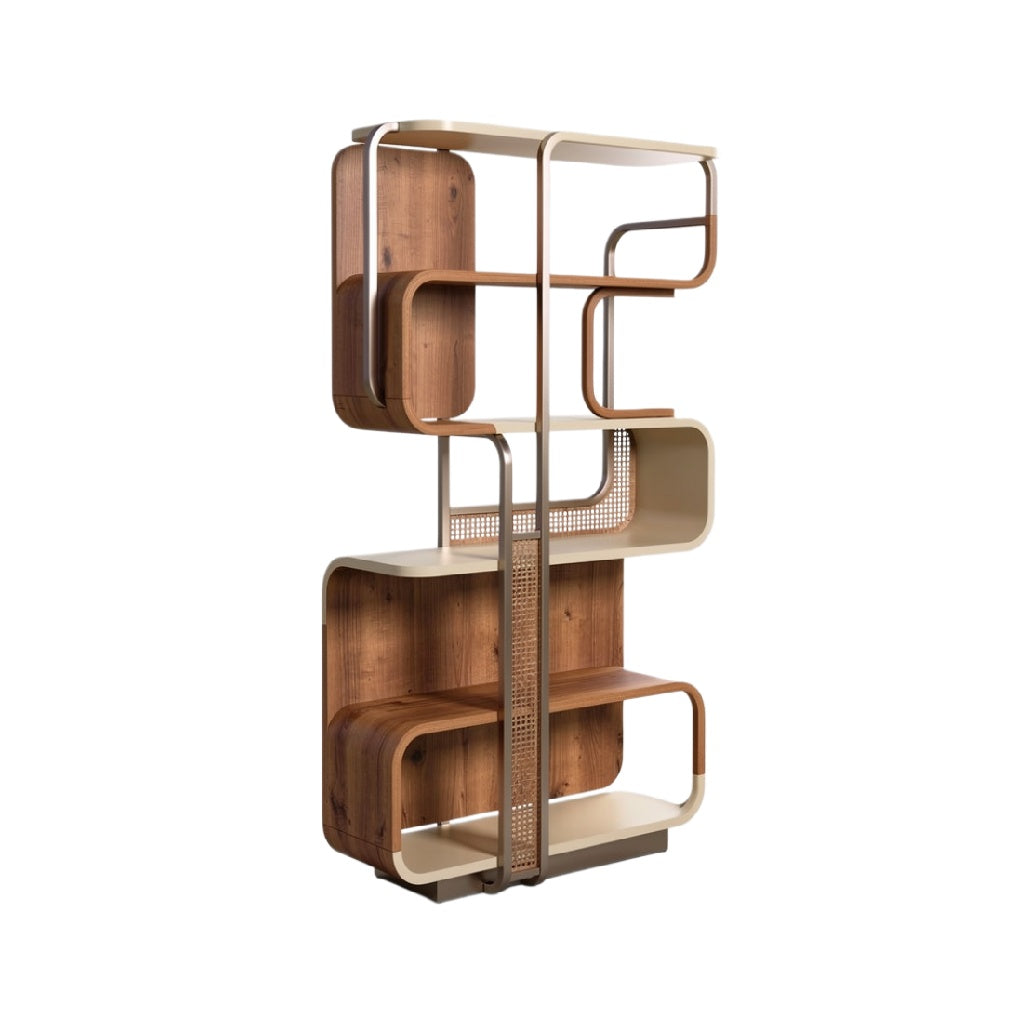 Moderne boekenkast met hout en metaalconstructie